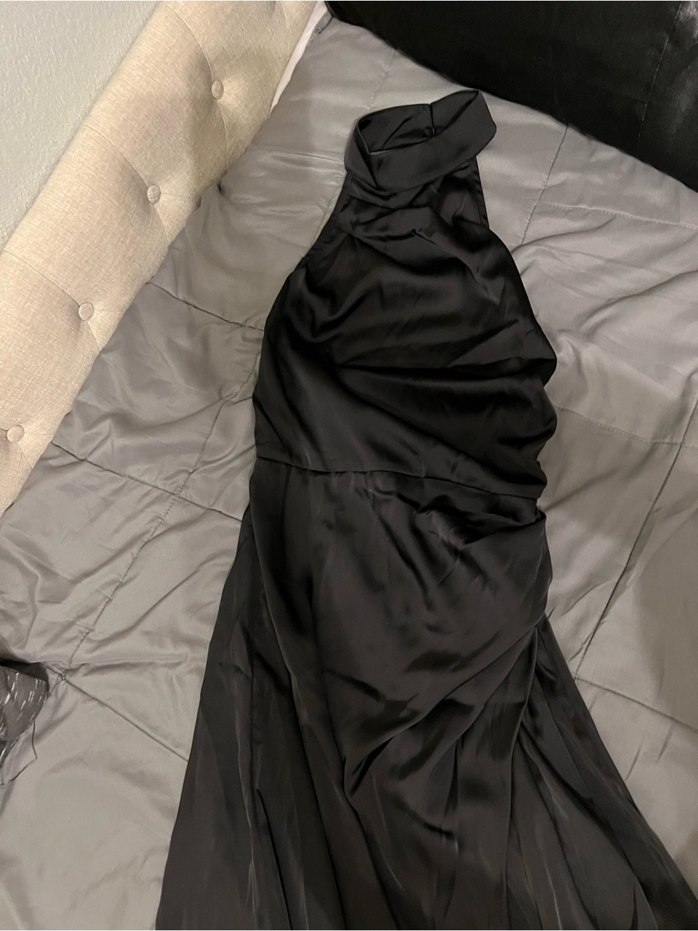 Elegant Black Satin Halter Evening Dress
